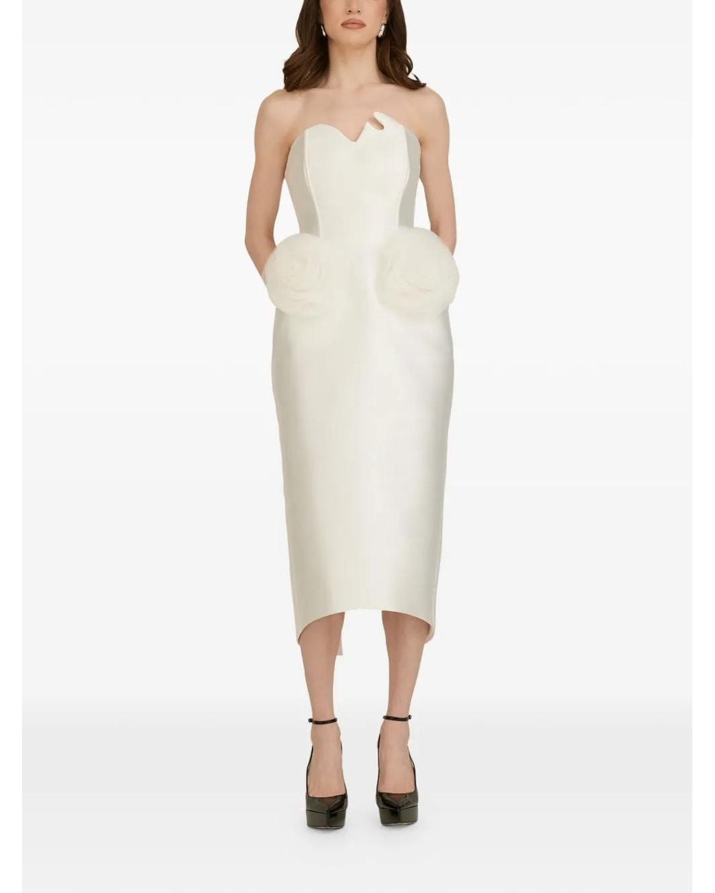 ARAFTU White Strapless Floral-Appliqué Midi Dress