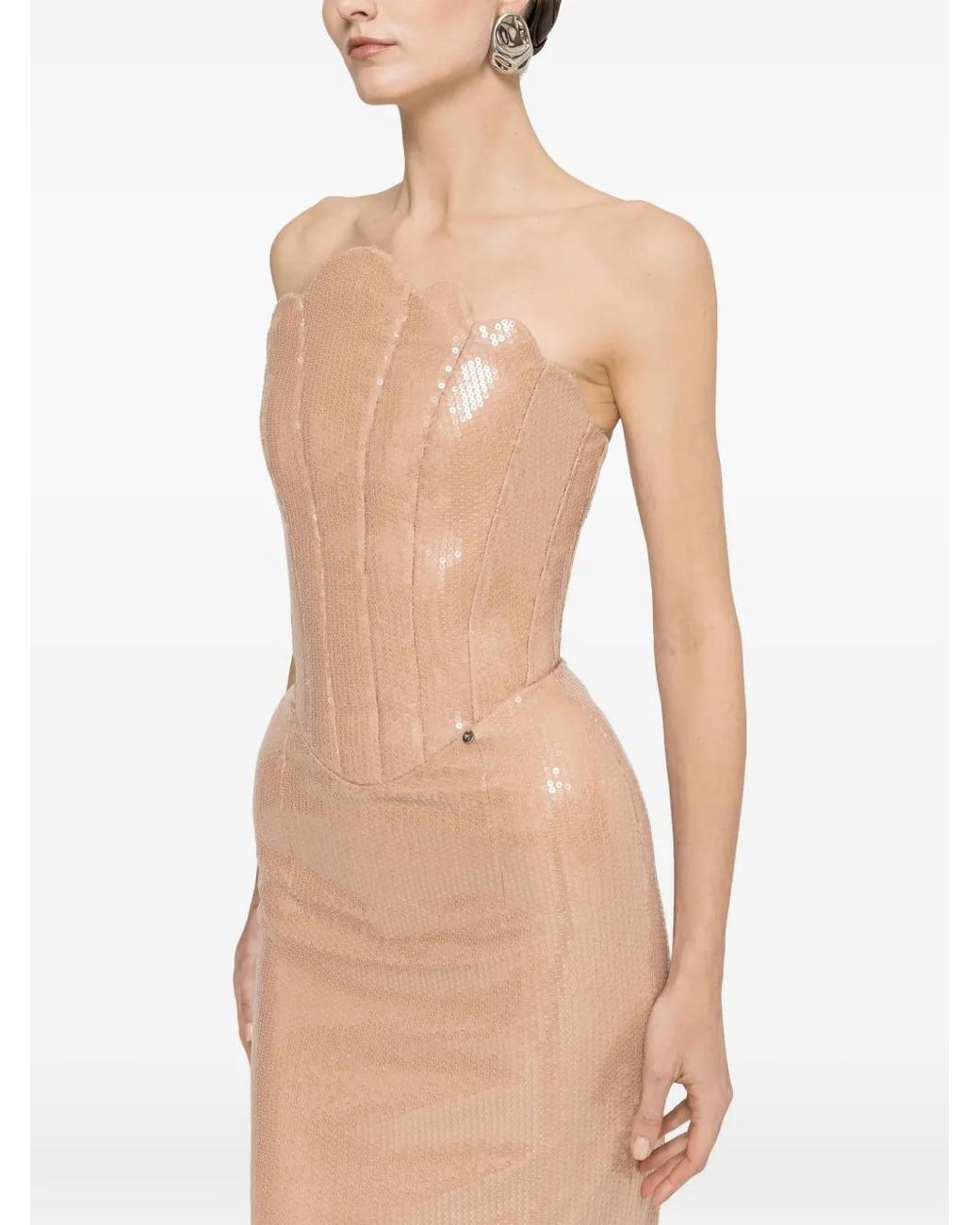 Nissa Natural Exaggerated-Hip Sequin Maxi Dress