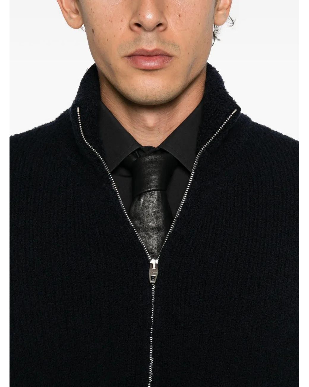Umit Benan Black Suvretta Zip-Up Ribbed-Knit Cardigan for men