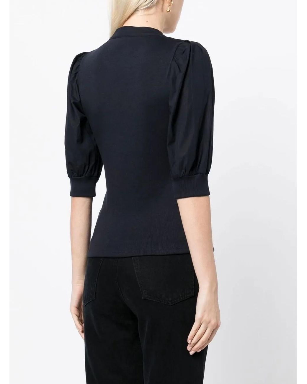 Veronica Beard Black Button-Up Puff Sleeves Top