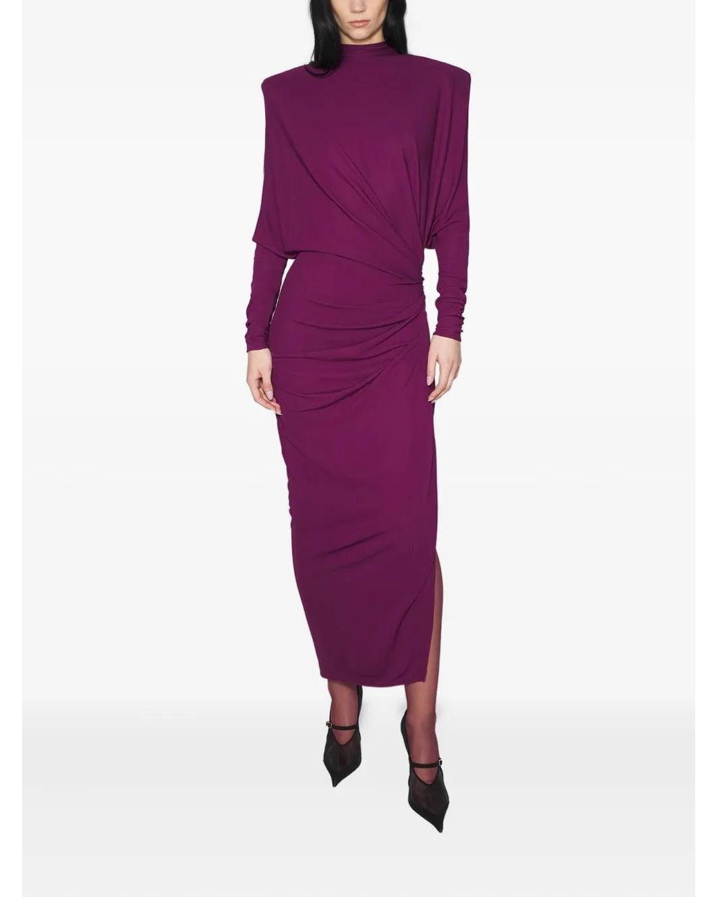 Mugler Purple Draped Padded-Shoulder Maxi Dress