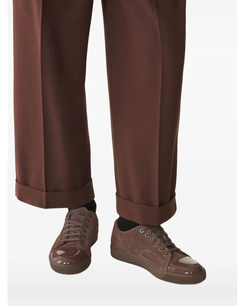 Lanvin Brown Suede Leather Cap-Toe Sneakers for men