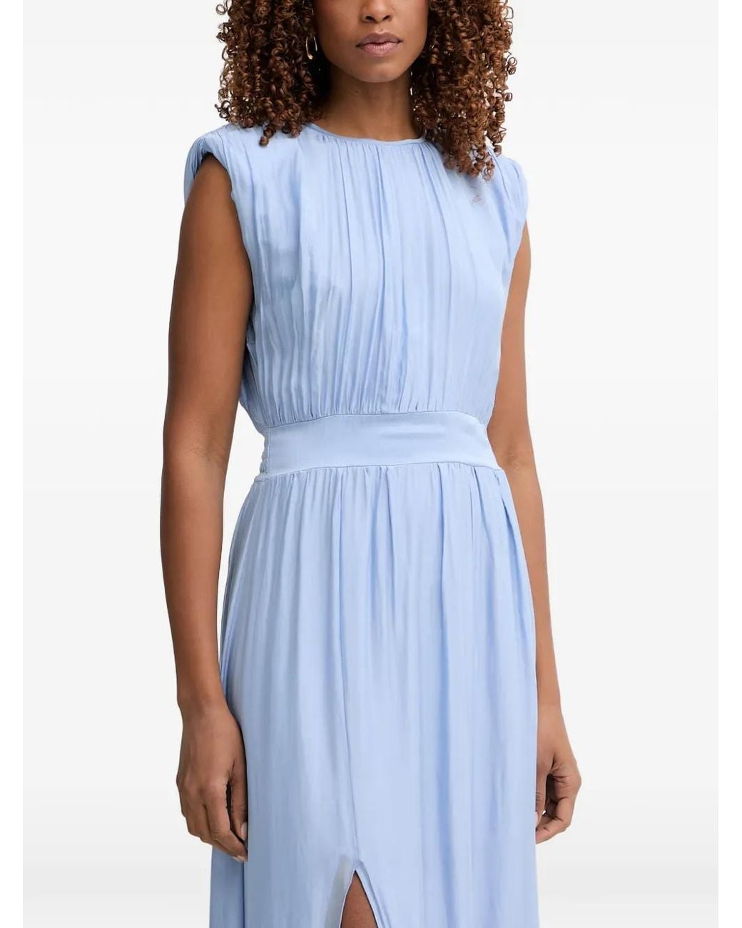 Haveone Blue Pleated Side-Slit Maxi Dress
