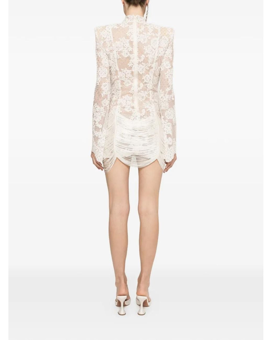 Nissa White Fringed-Hem Lace Mini Dress