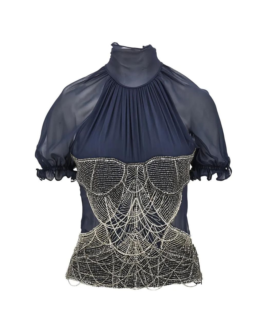 The Attico Blue Bead-Embellished Silk Top