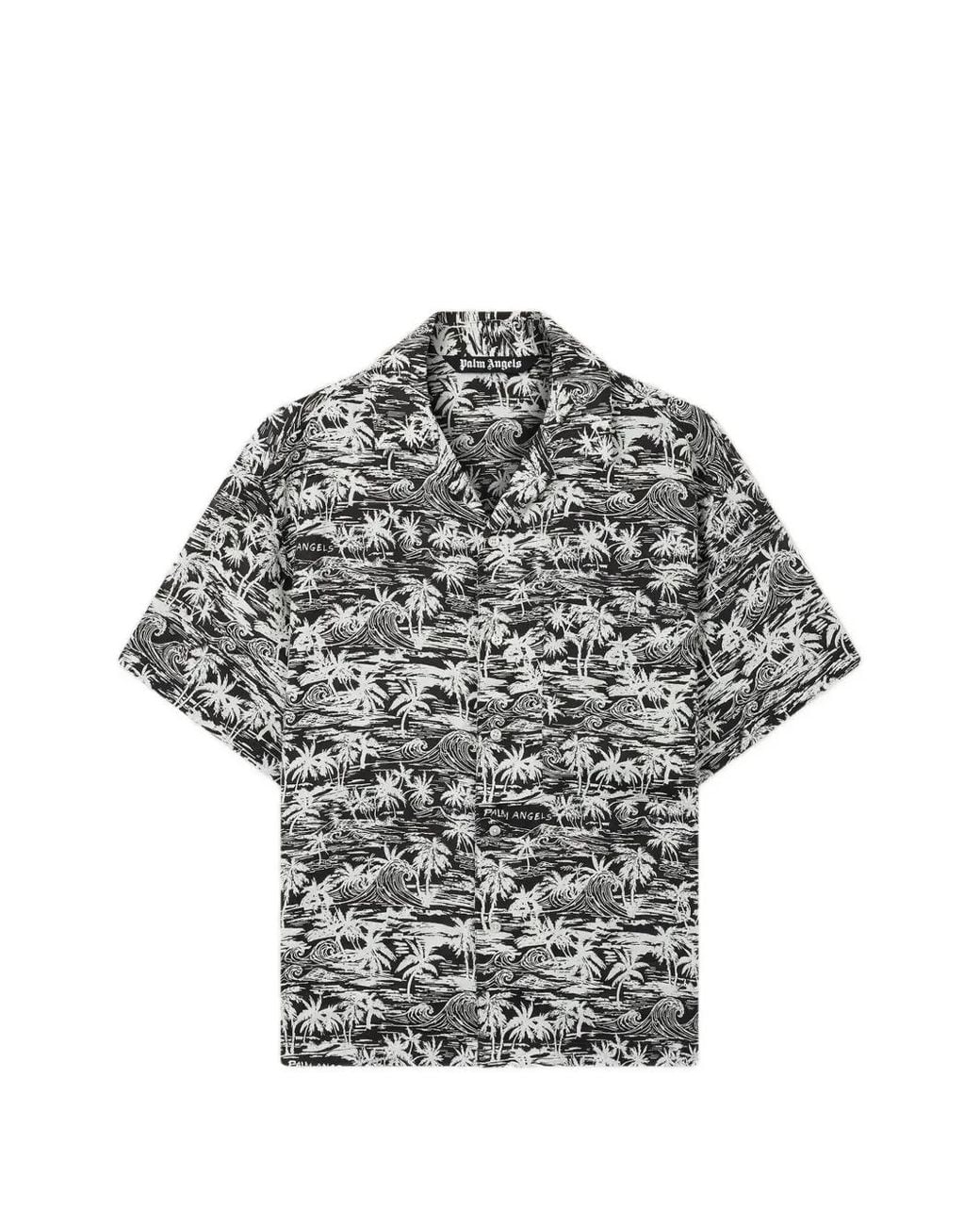 Palm Angels Gray Palm Waves Linen Bowling Shirt for men