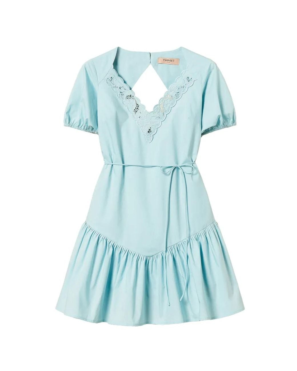 Twinset Blue Short Poplin And Broderie Anglaise Dress