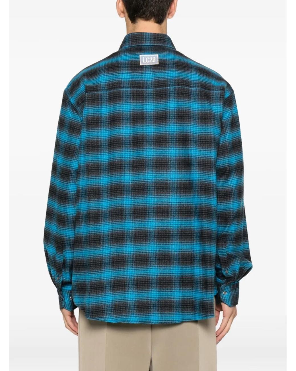 LC23 Blue Plaid-Pattern Buttoned Shirt for men