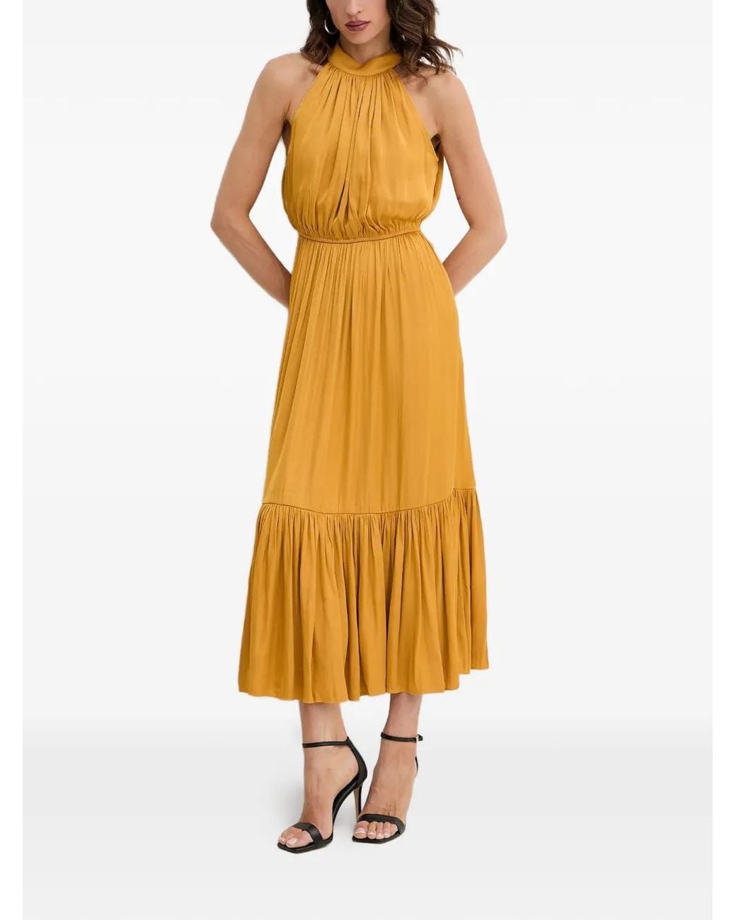 Morgan Yellow Halterneck Tiered Midi Dress