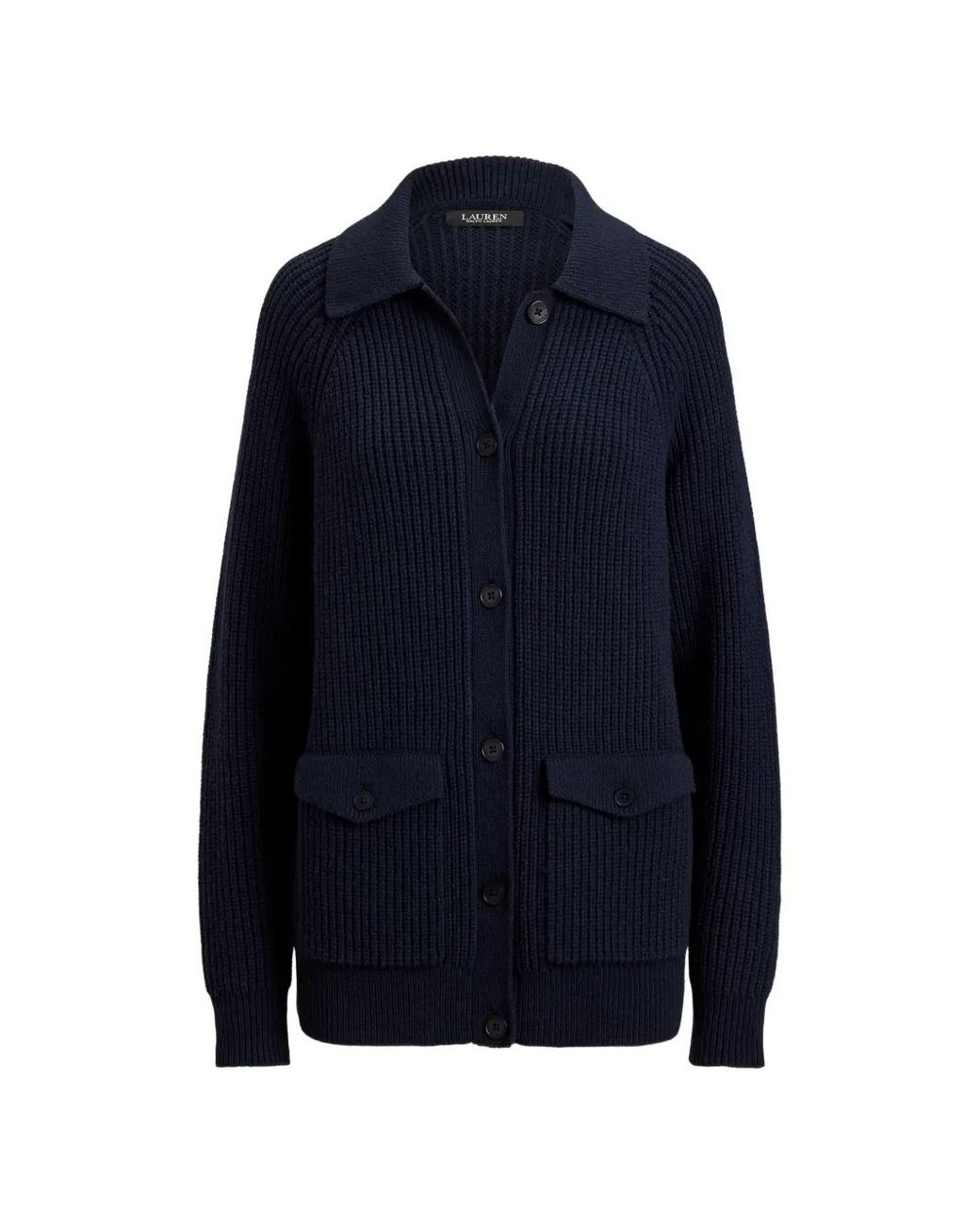 Ralph Lauren Blue Ribbed-Knit Flap-Pocket Cardigan