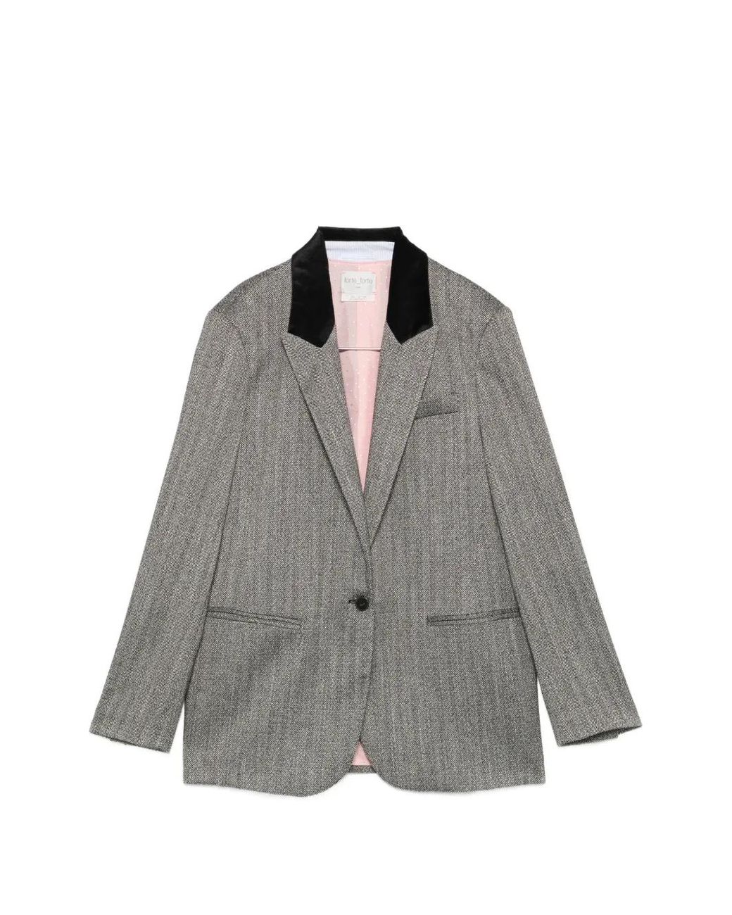 Forte_forte Gray Chevron-Pattern Velvet-Collar Blazer