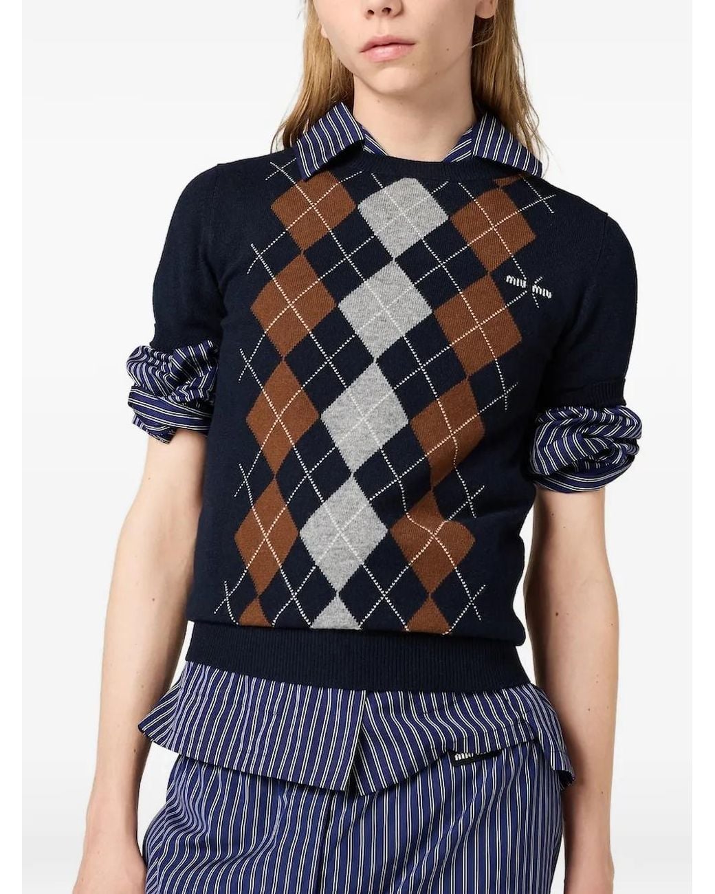 Miu Miu Black Argyle Cashmere Round-Neck