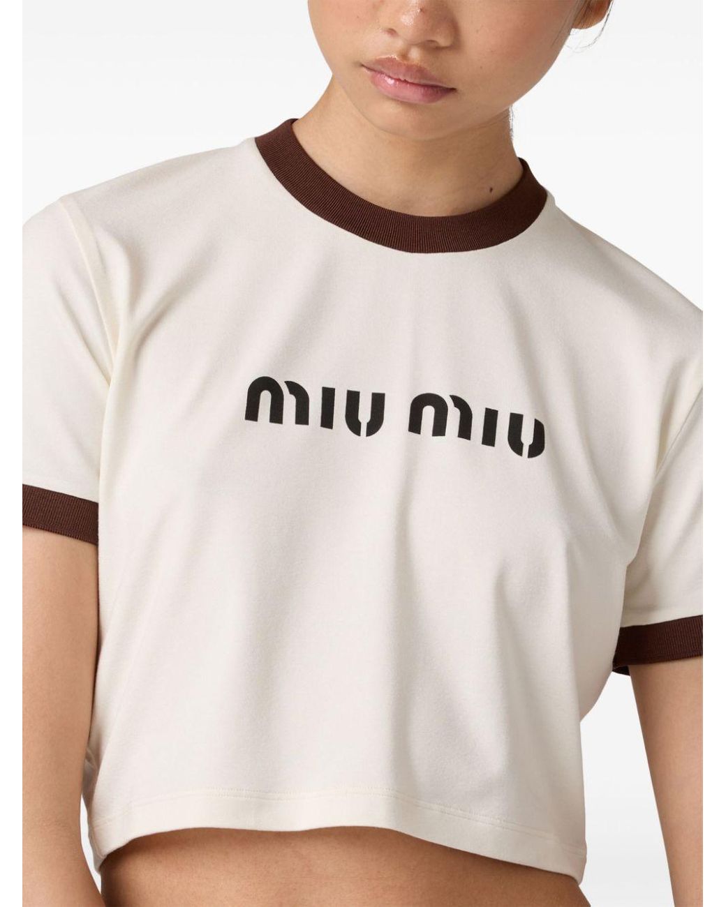 Miu Miu Print Jersey T-Shirt in Natural | Lyst