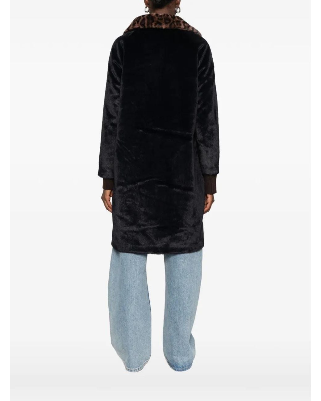 Betta Corradi Blue Leopard-Print Collar Faux-Fur Coat