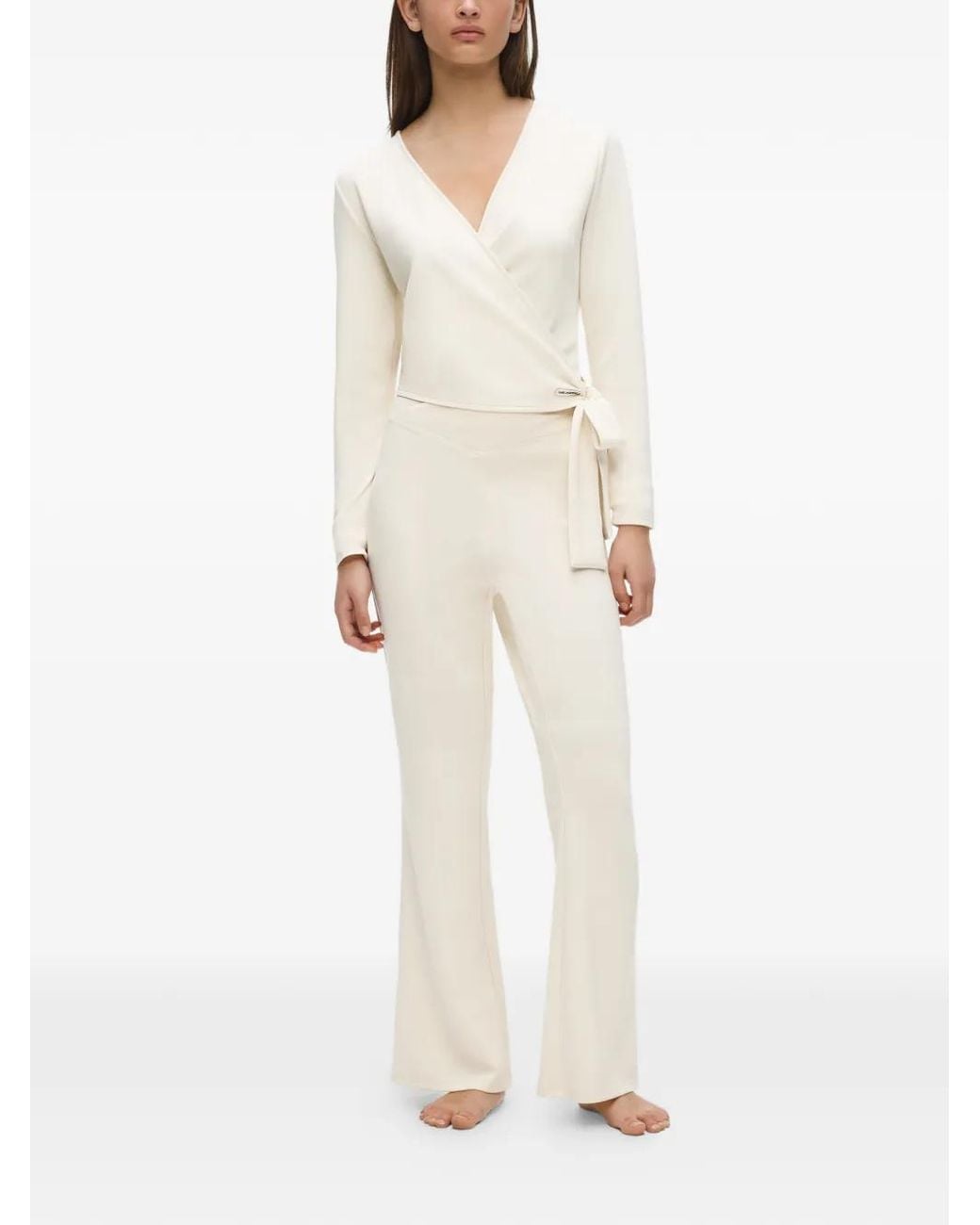 Karl Lagerfeld White Logo-Plaque Crossover-Waistband Trousers