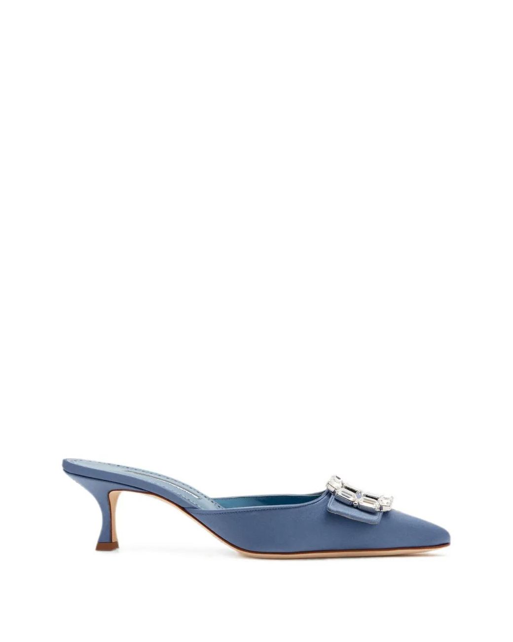 Manolo Blahnik Blue Mayjou Crystal-Buckle Heeled Mules