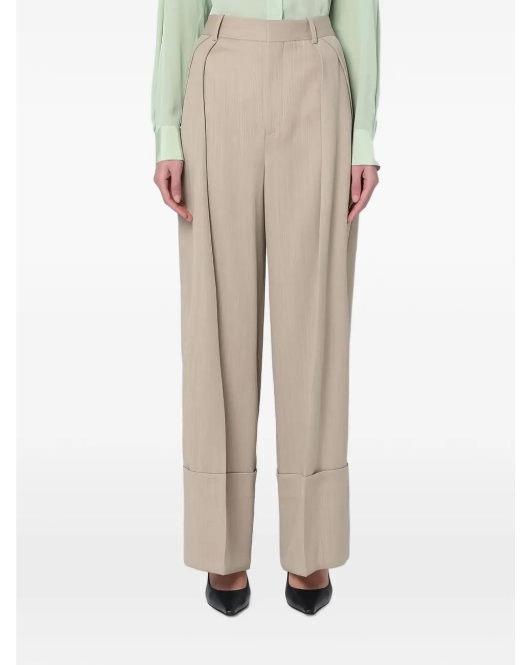 Victoria Beckham Natural Pleated Wide-Leg Trousers