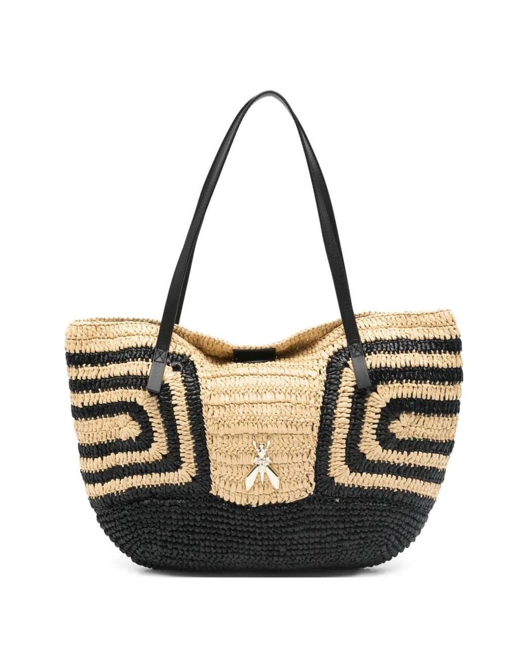 Patrizia Pepe Black Geometric-Pattern Raffia Beach Bag
