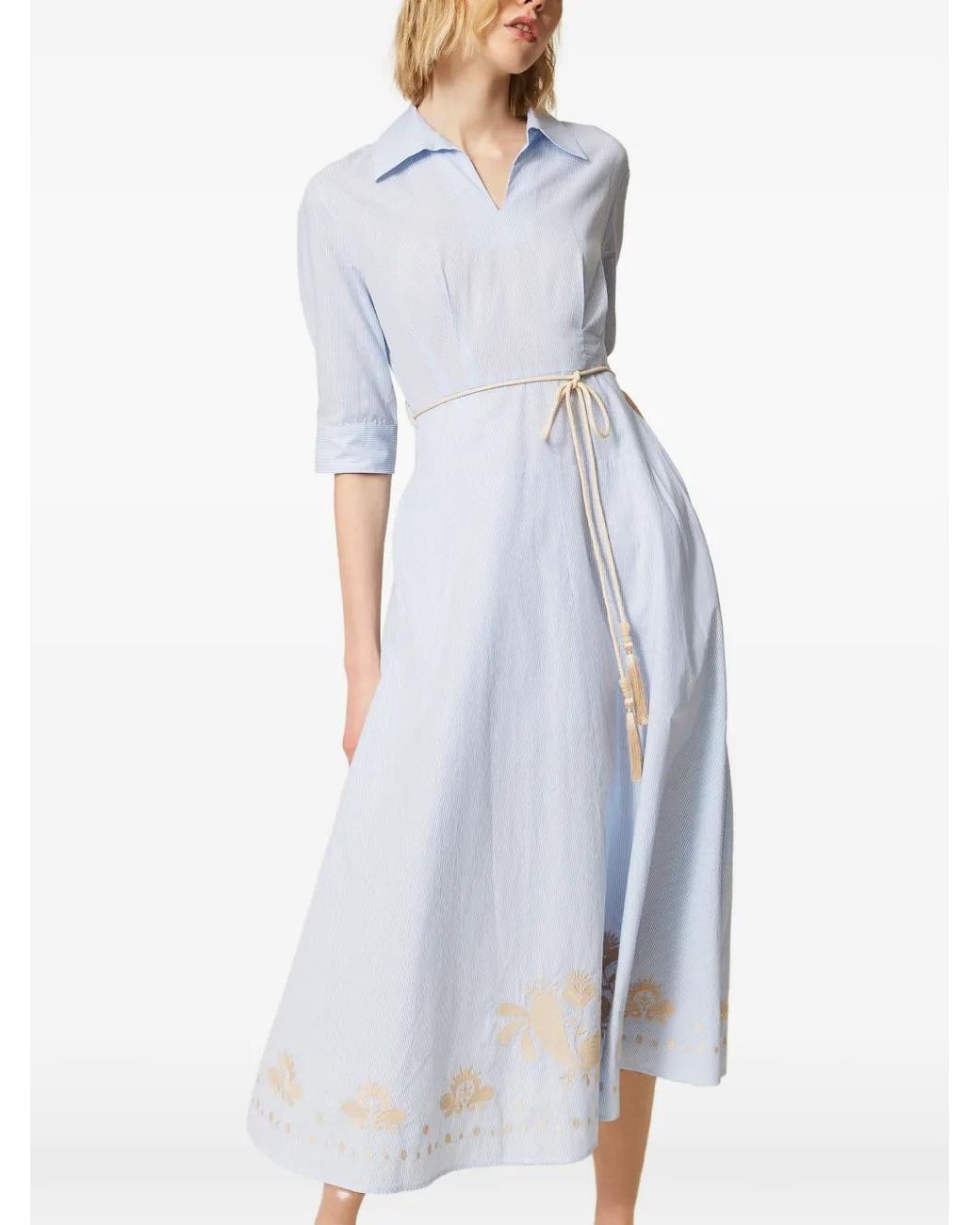 Twinset Blue Long Striped Dress With Embroidery