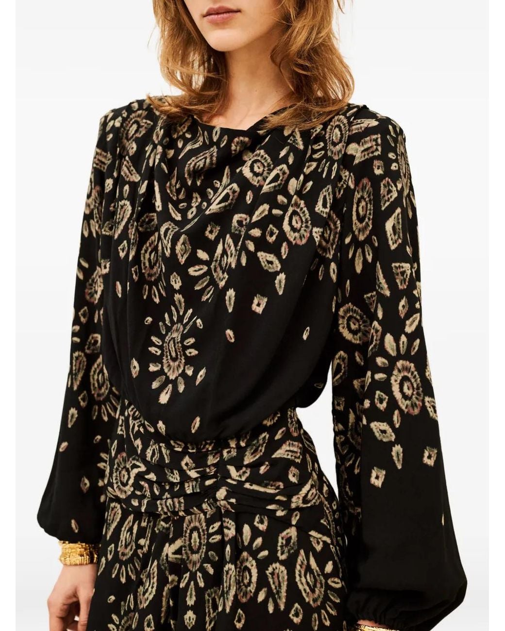 Ba&sh Black Beona Abstract-Print Draped Long-Sleeved Mini Dress