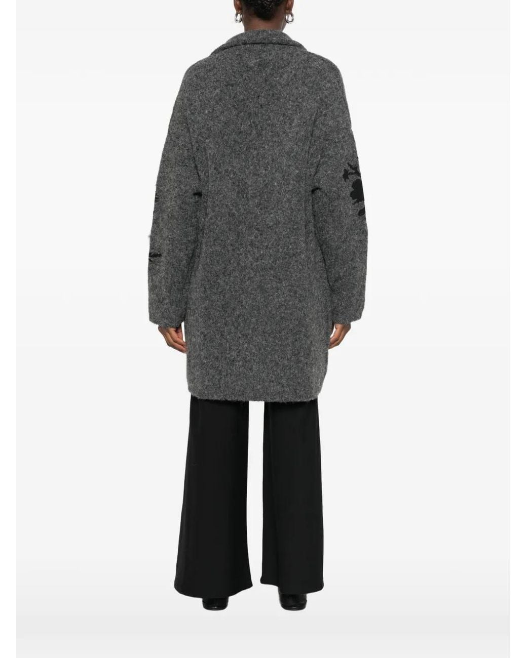 Semicouture Gray Floral-Intarsia Notched-Lapels Coat