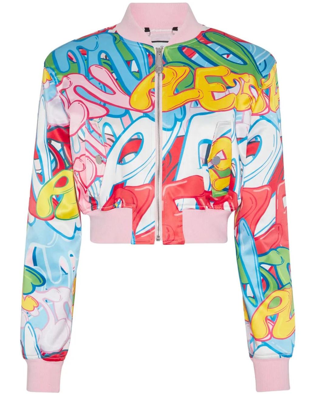 Philipp Plein Blue Graffiti-Logo Cropped Satin Bomber Jacket