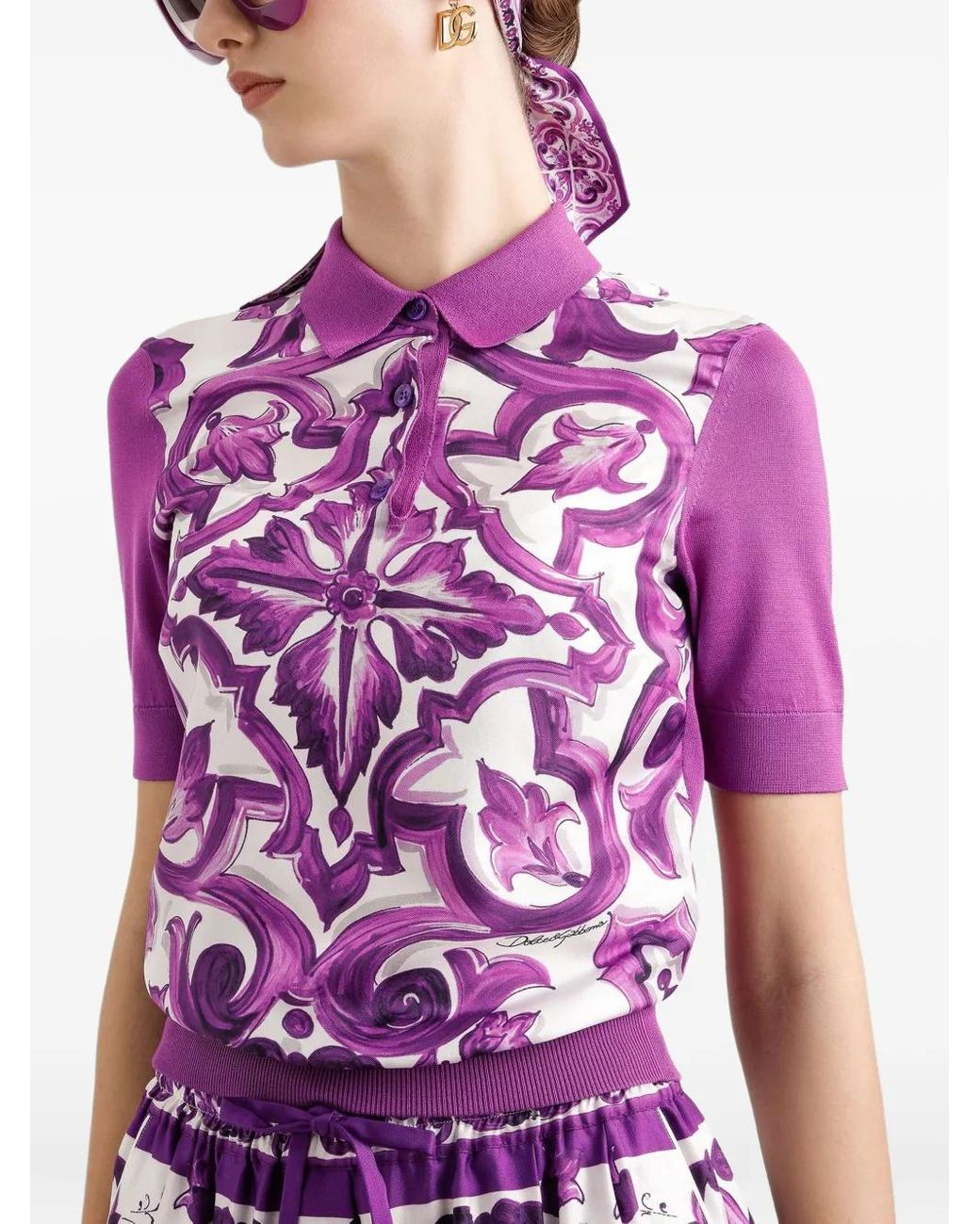 Dolce & Gabbana Purple Majolica-Print Polo Shirt