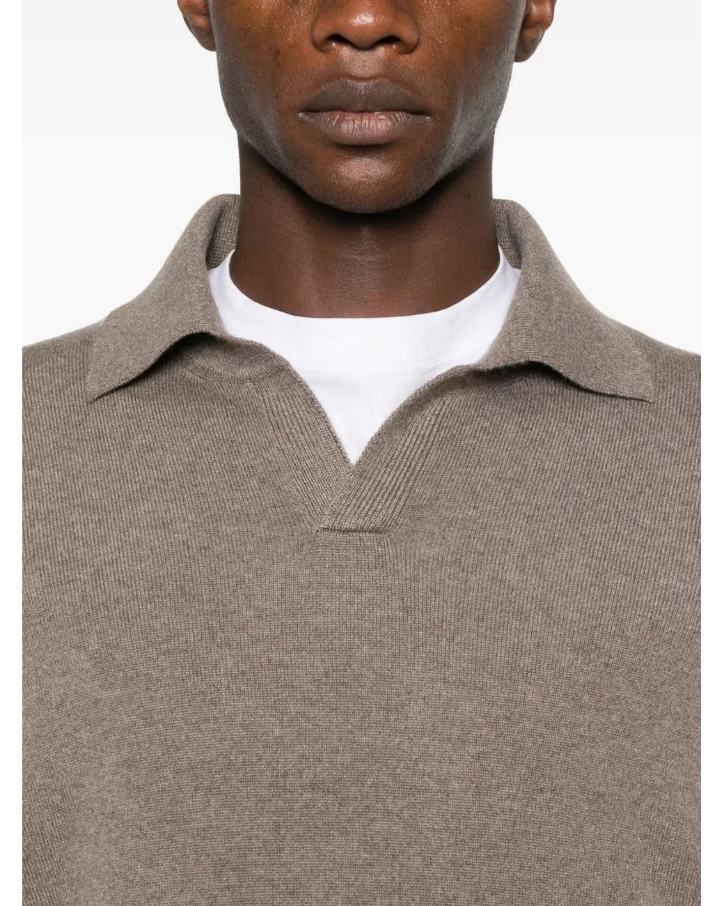 Brunello Cucinelli Brown V-Neck Long-Sleeve Polo Sweater for men