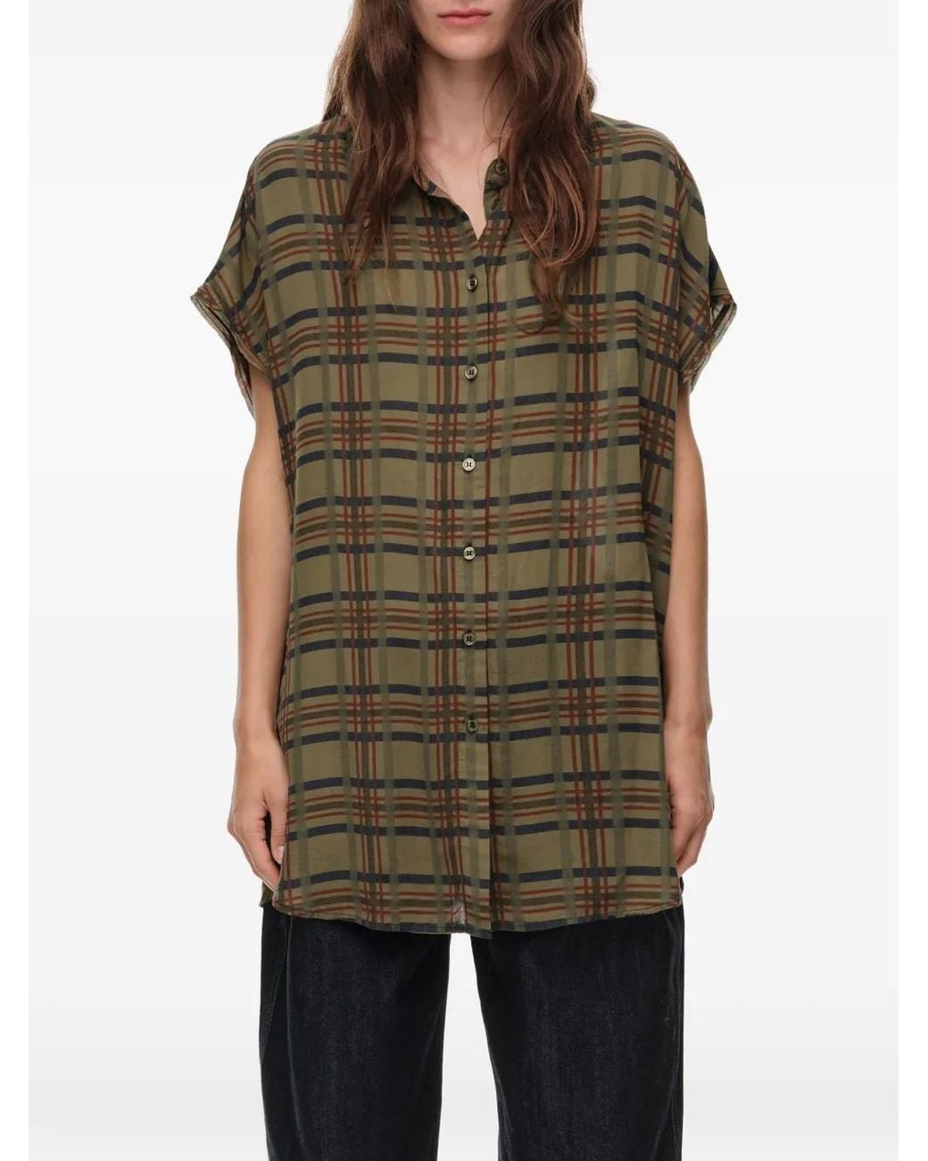 Bimba Y Lola Green Khaki Checked Dropped-Shoulder Shirt