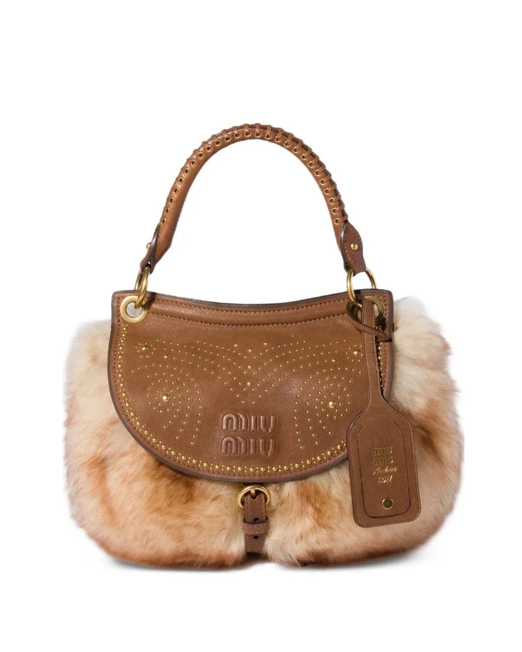 Miu Miu Brown Rendez-Vous Shearling And Nappa Leather Bag With Metal Studs
