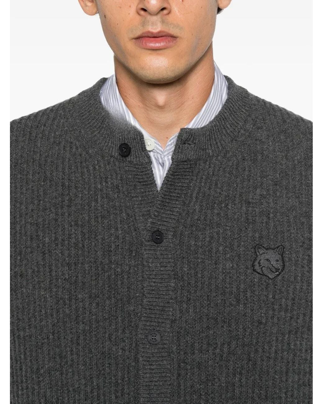 Maison Kitsuné Gray Fox Head Ribbed-Knit Cardigan for men