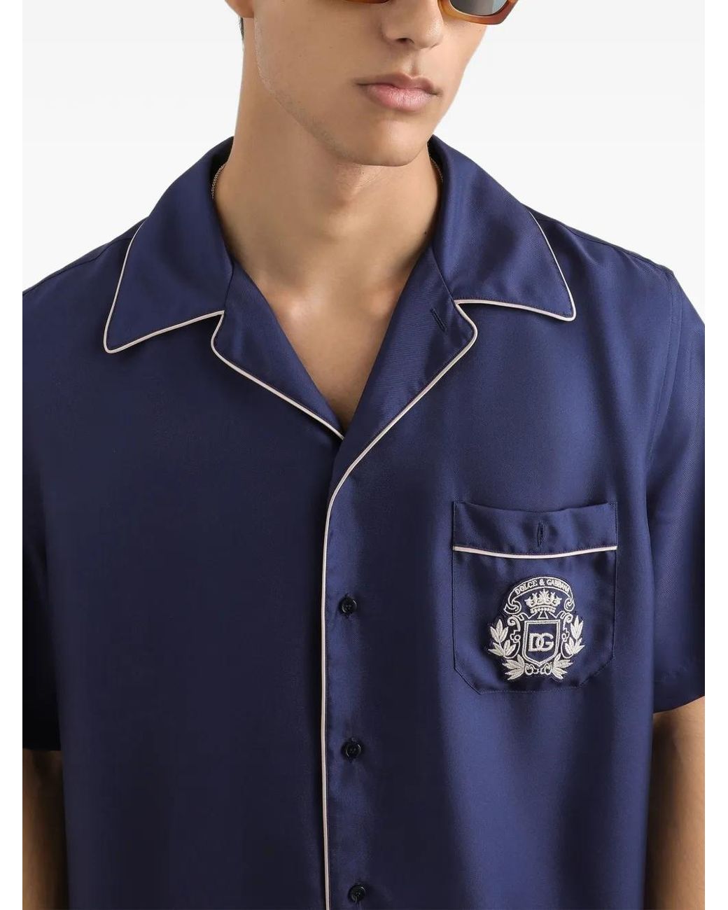 Dolce & Gabbana Blue Hawaii Piping-Embroidered Shirt for men