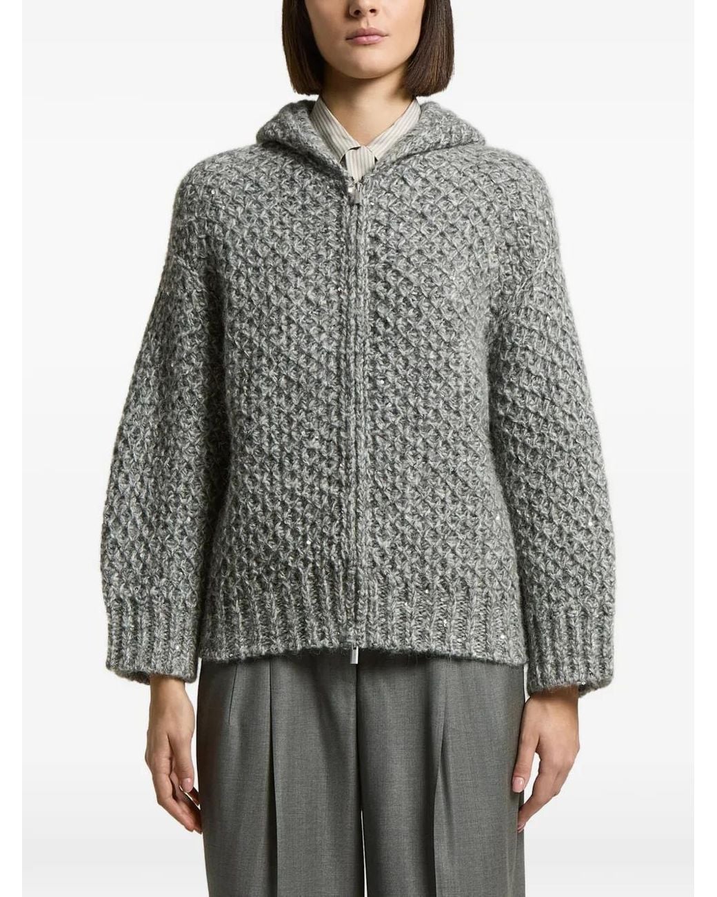 Peserico Gray Alpaca Blend Hooded Zip Sweater