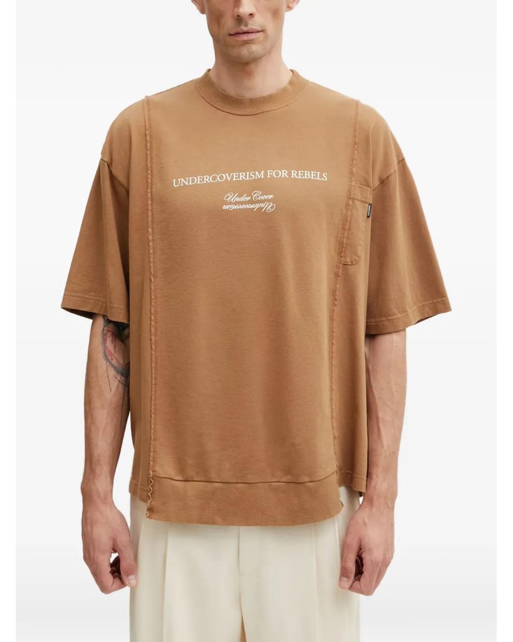 Undercover Brown Slogan-Print Raw-Edge T-Shirt for men