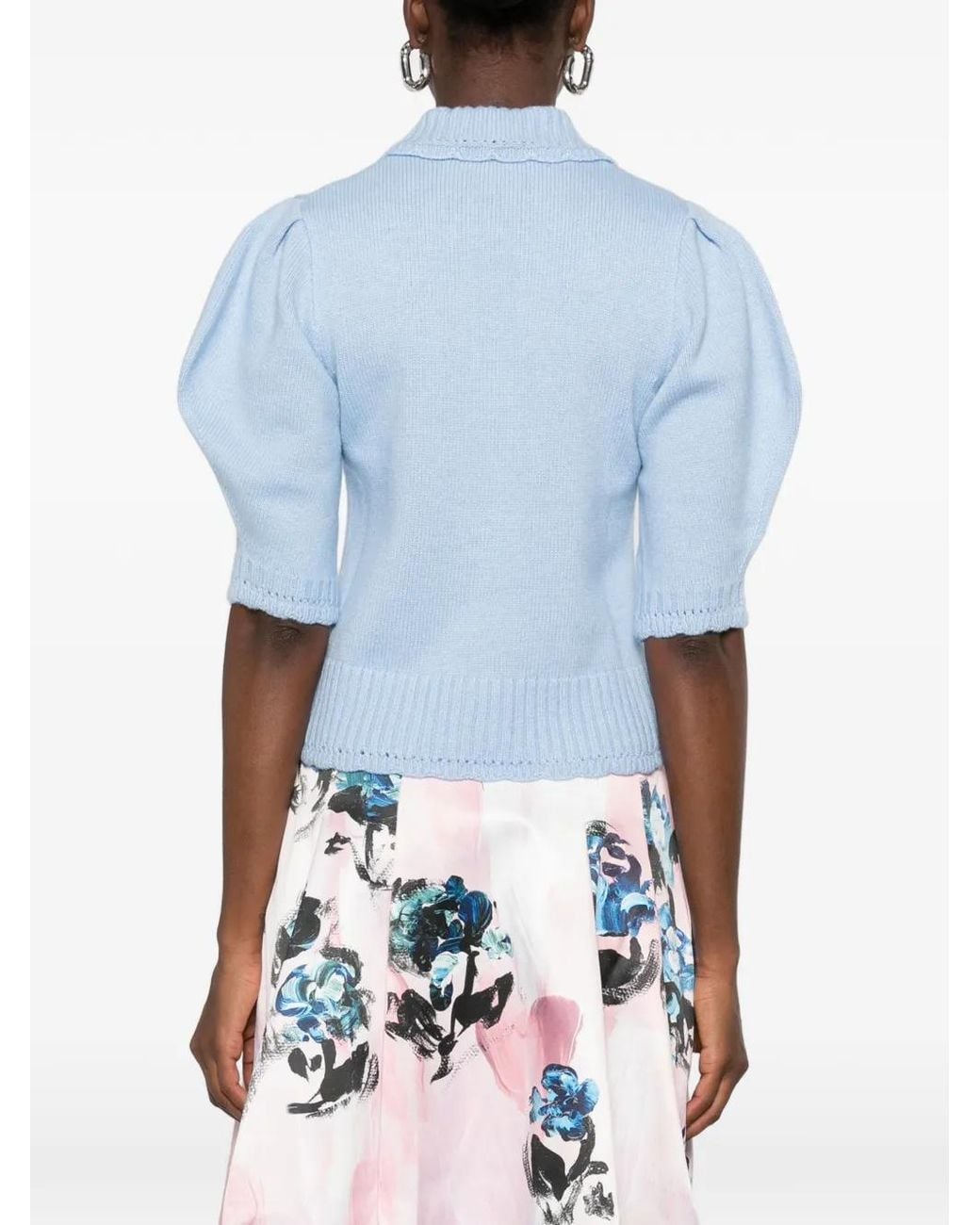 Stine Goya Blue Floral-Embroidered Puff-Sleeve Cardigan