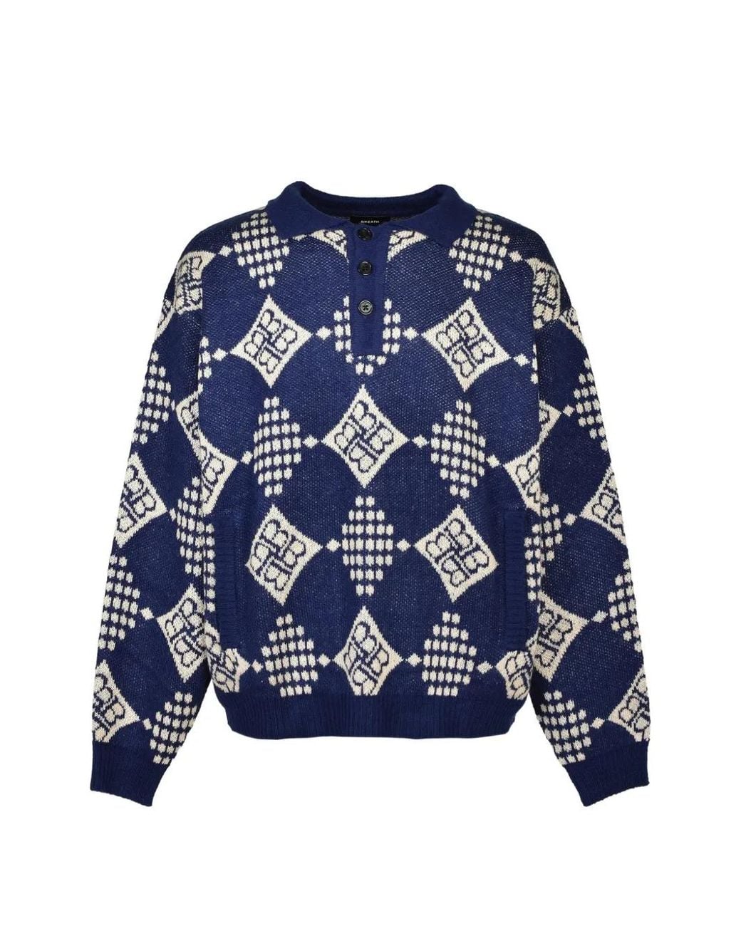 BREATH Blue Geometric-Pattern Polo Sweater for men
