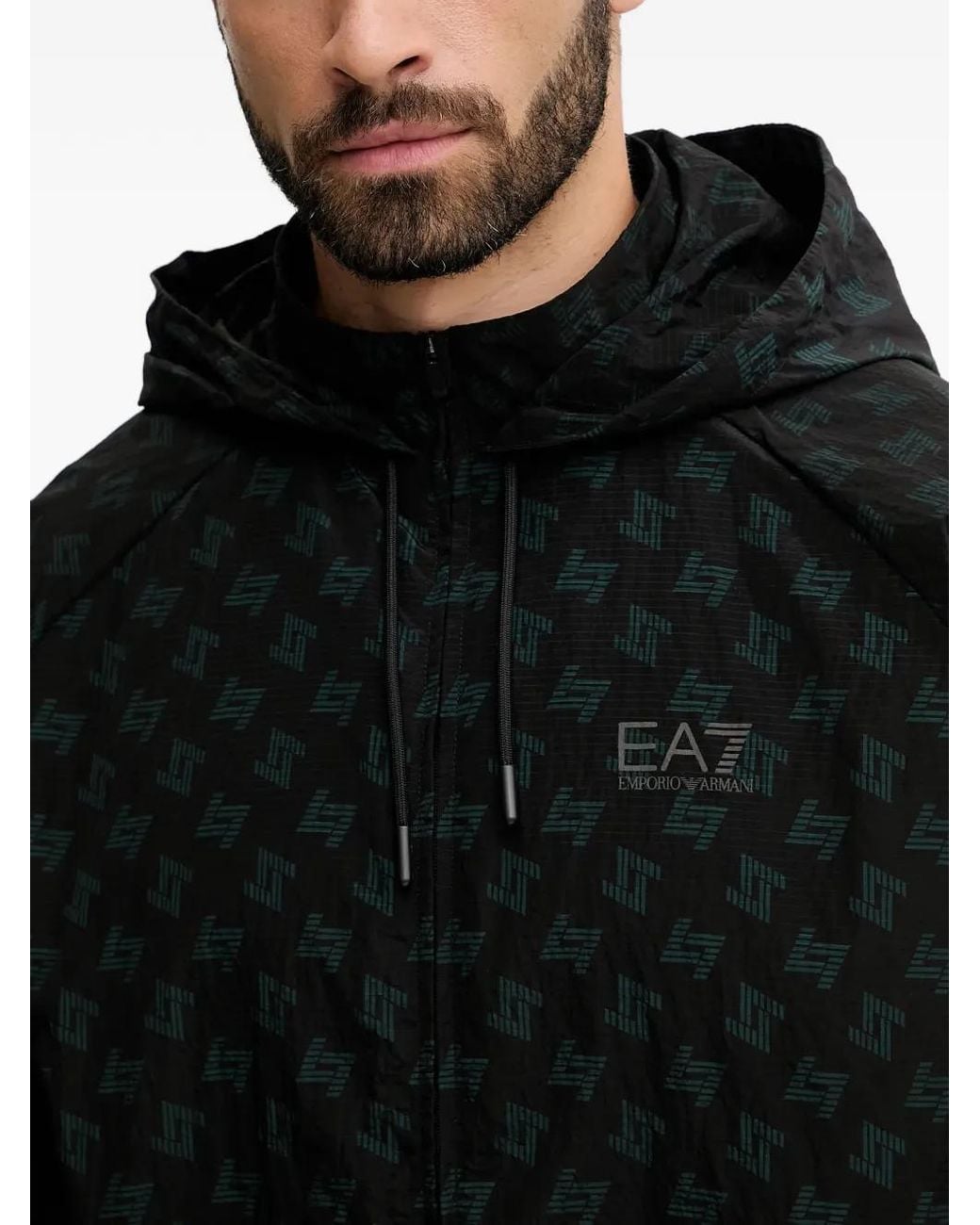EA7 Black Patterned Hooded Jacket for men