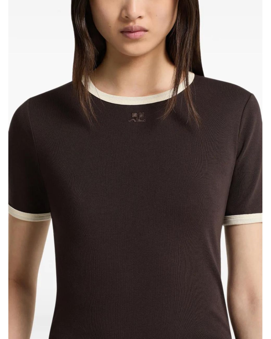 Courreges Brown Contrast-Trim Logo-Embroidered T-Shirt