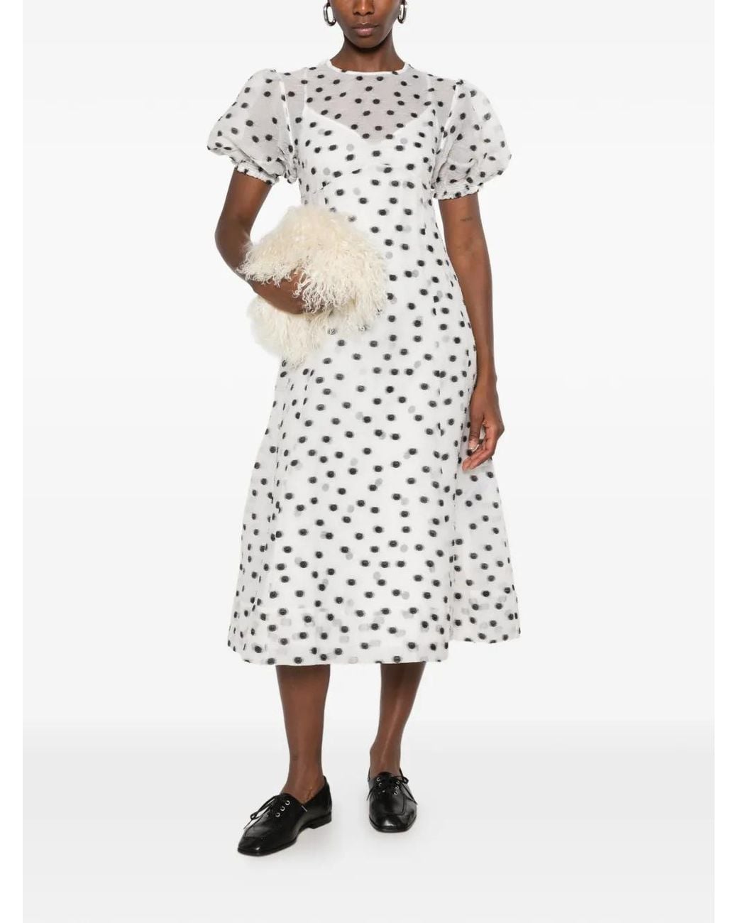 Stine Goya White Polka-Dot Puff-Sleeve Midi Dress
