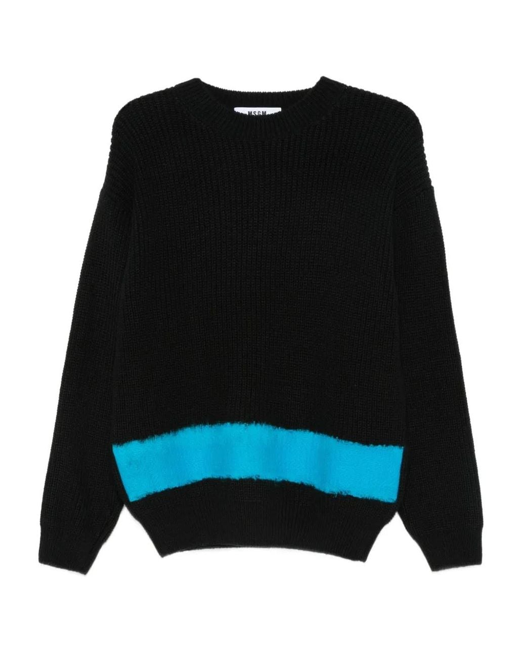 MSGM Black Knitted Sweater With Stripe Hem Detail for men