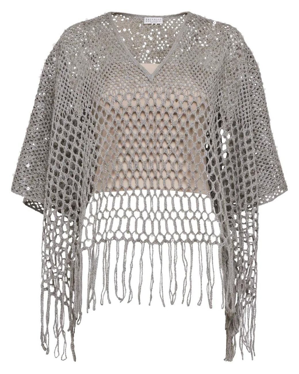 Brunello Cucinelli Gray Sequin-Embellished Open-Knit Sweater