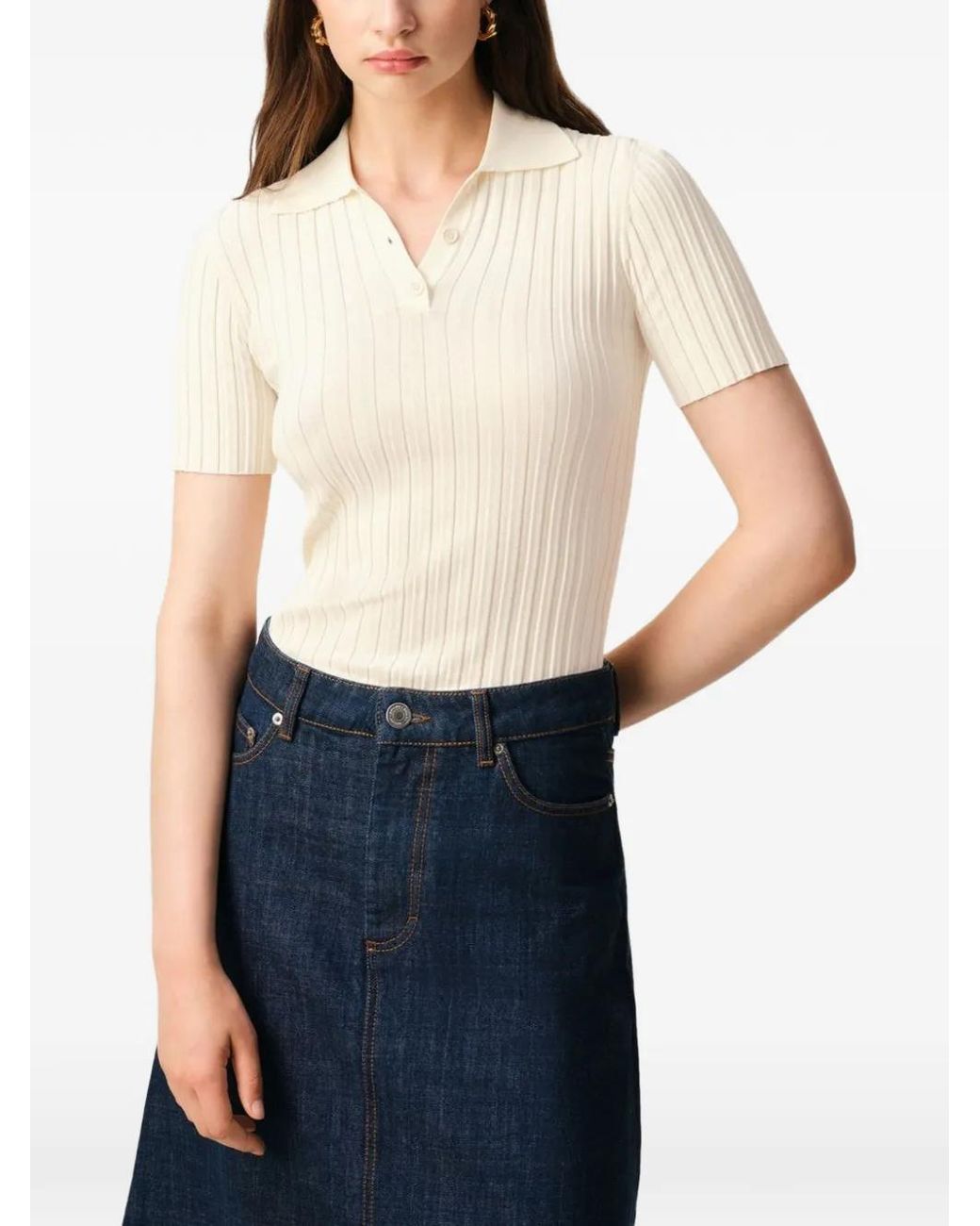 AMI White Ribbed-Knit Polo Shirt