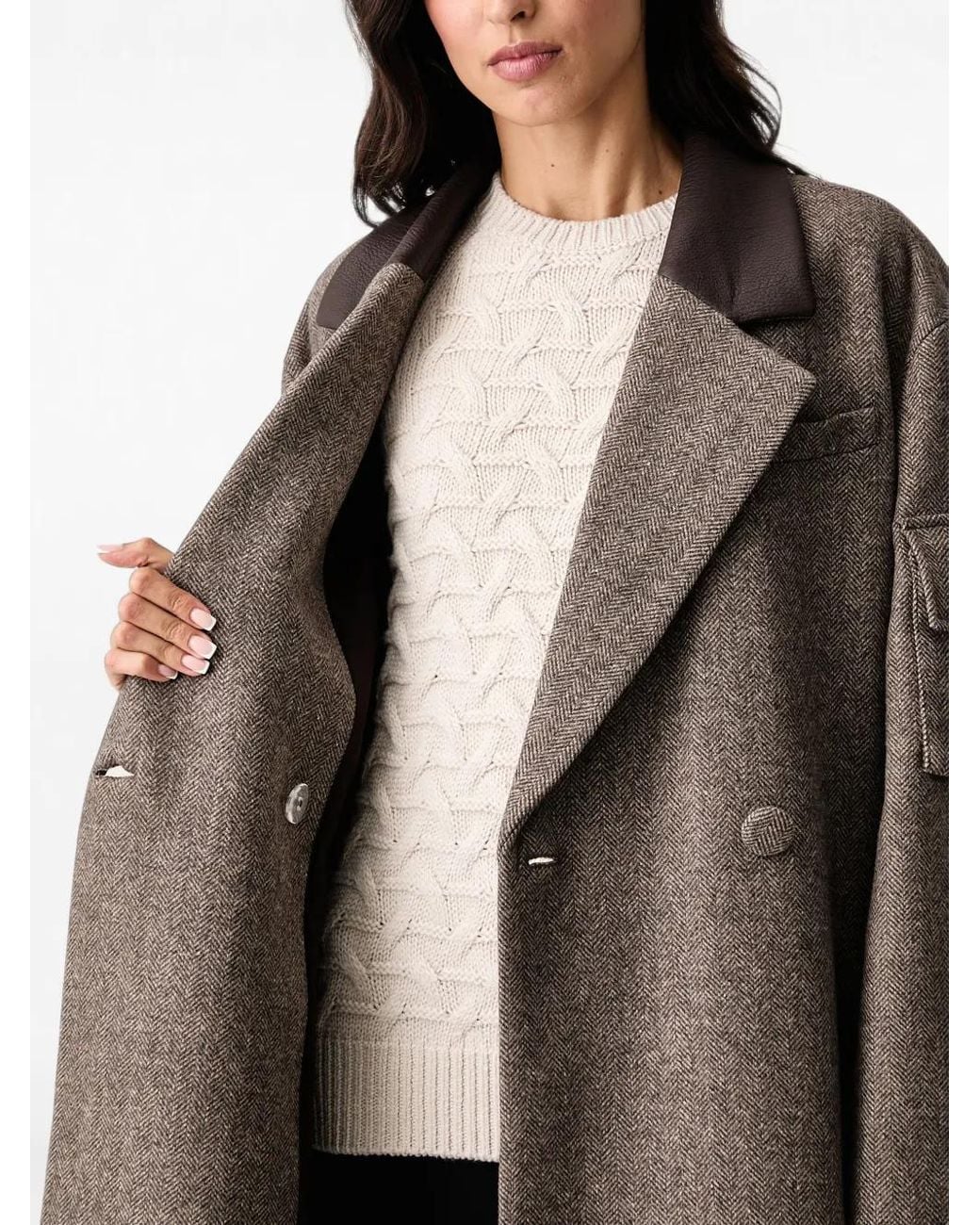 ARMANI EXCHANGE Brown Herringbone-Pattern Double-Breasted Coat