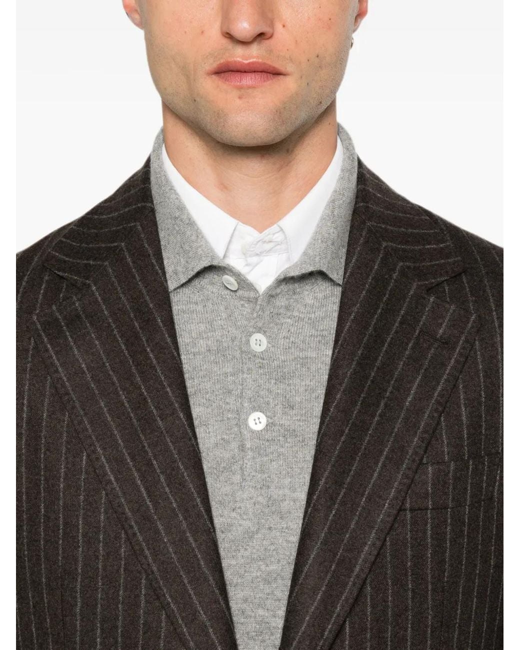 Brunello Cucinelli Brown Pinstripe Peak-Lapel Blazer for men