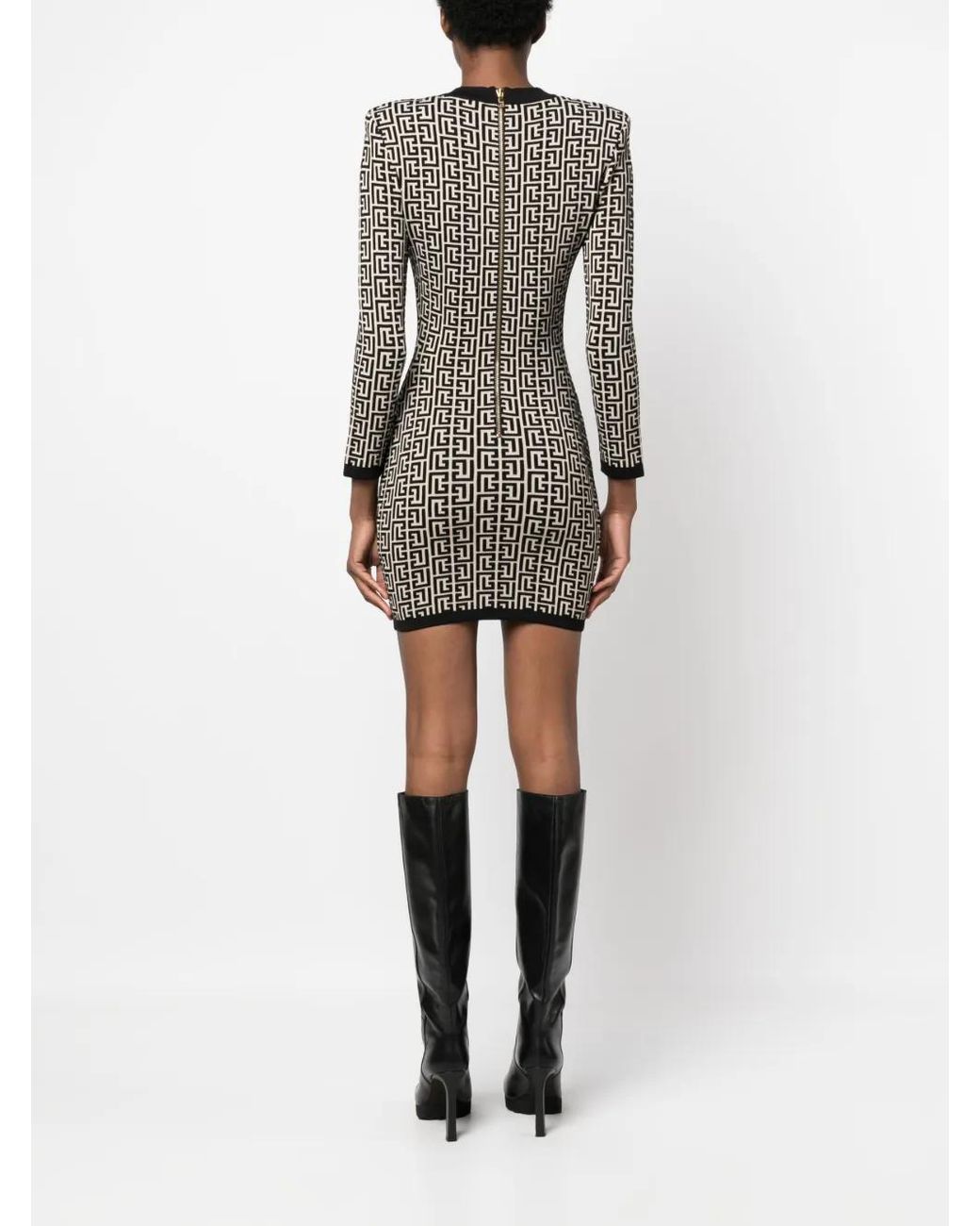 Balmain Black Geometric Jacquard Wool Dress For