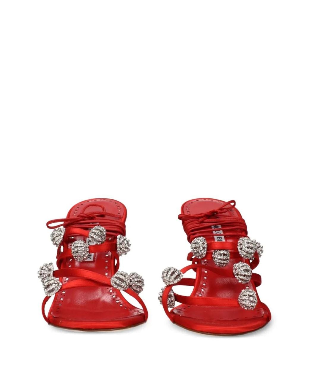 Manolo Blahnik Red Sandales En Satin À Ornements En Cristal