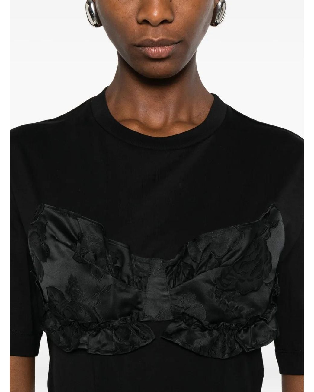 Simone Rocha Black Ruffled Satin-Panel T-Shirt