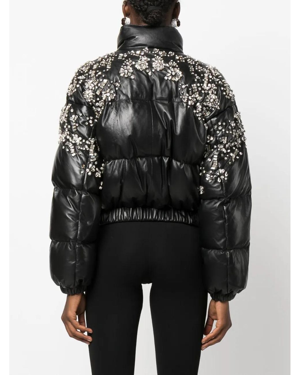 Philipp Plein Black Crystal-Embellished Leather Puffer Jacket