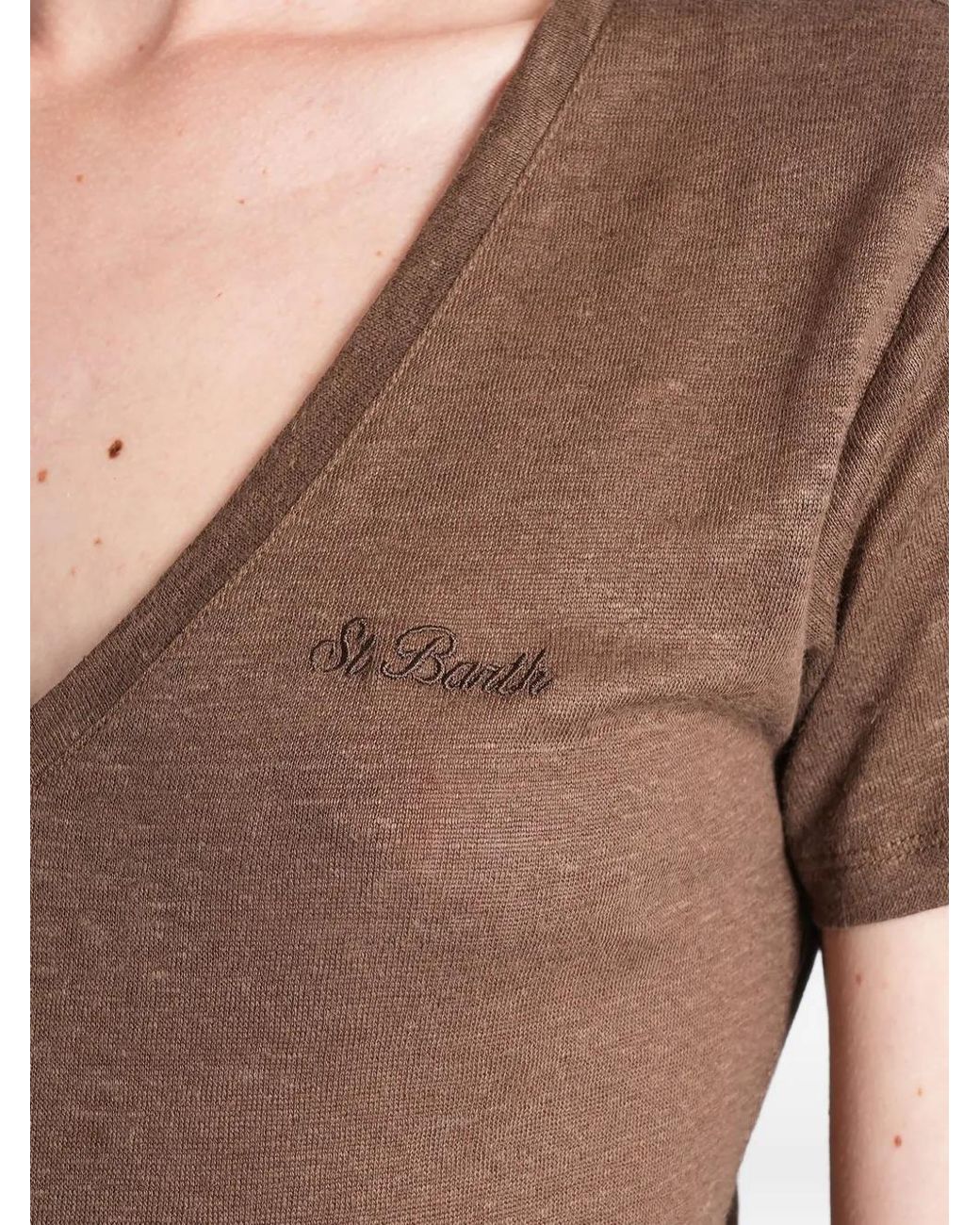 Mc2 Saint Barth Brown Eloise Linen T-Shirt With Embroidered Logo
