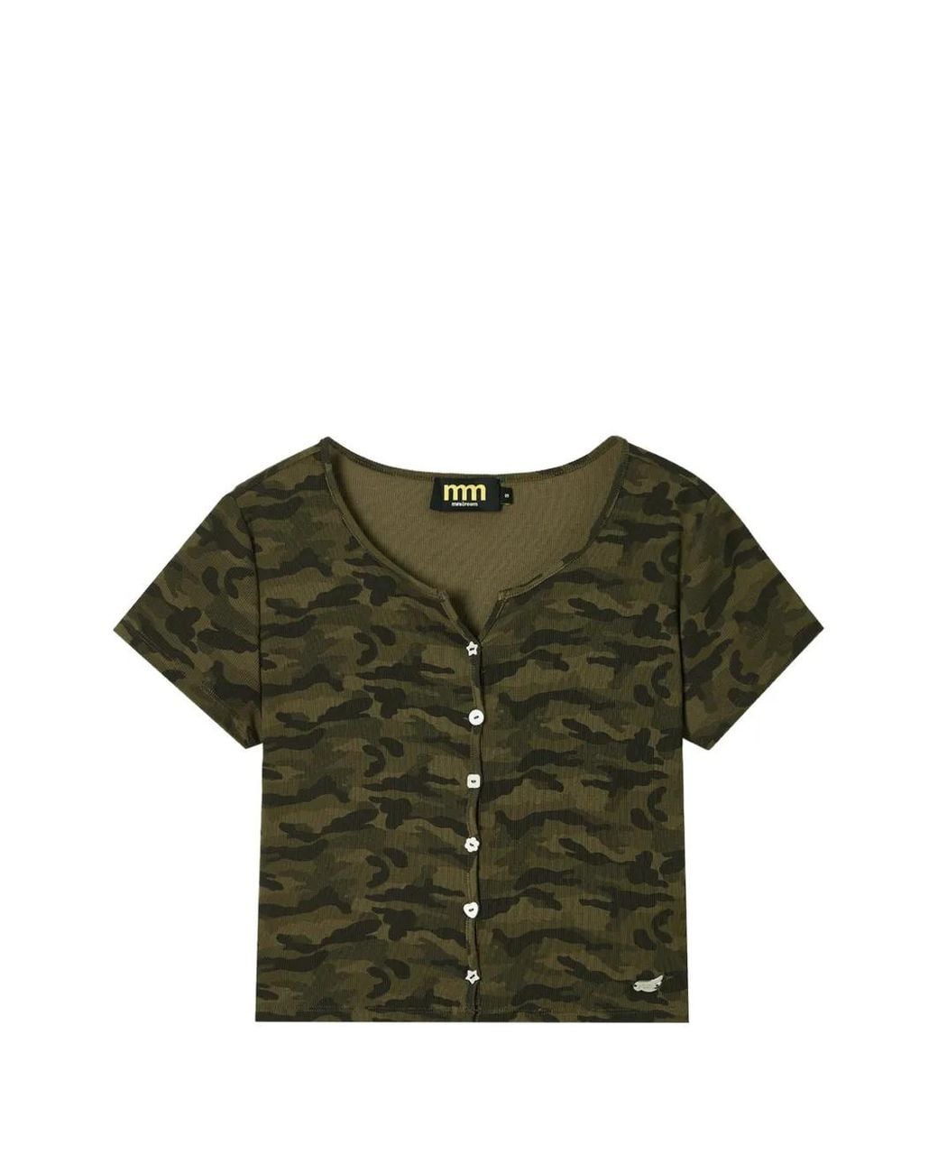 Mini Cream Green Camouflage-Print Button-Up T-Shirt
